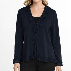 Exclusively Misook Black Ruffle Trim Long Sleeve Knit Cardigan NWT Sz M